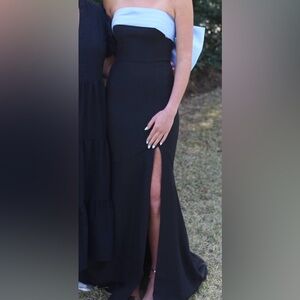 Portia and Scarlett Black and Light Blue Strapless Gown